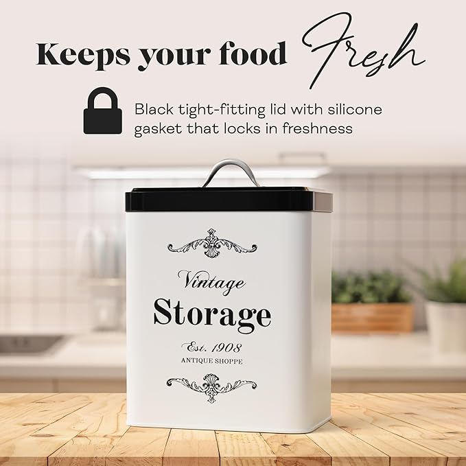 Amici Home Antique Shoppe Metal Canister | Dry Food Storage Container | Push Top Lid | 208 Ounce Capacity | Vintage Square Canister for Kitchen Countertop