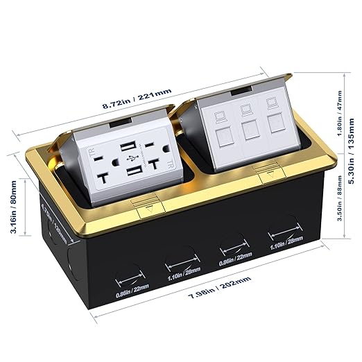 KYHSHJ Dual Pop-Up Floor Electrical Outlet Box Kit，20 Amp Stainless Steel USB TR Receptacle Outlet，3-Port RJ45 Datacom Receptacle，Waterproof Gasket with IP44 Waterproof Rating, ETL Listed, Brass