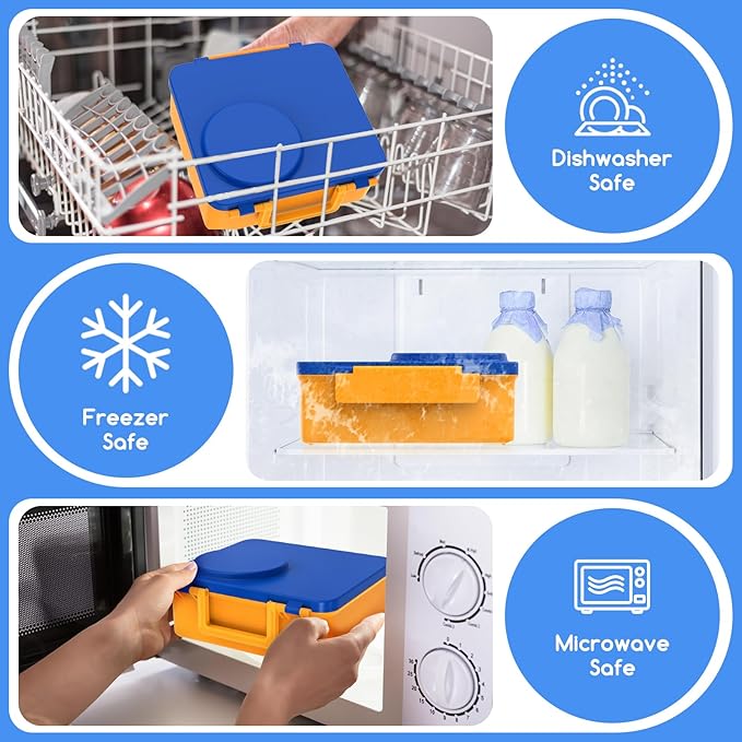 Bento Box for Kids - Leak-Proof Bento Lunch Box with Insulated Thermos Food Jar - 4 Compartments, 1 Removable Divider, 1Spoon, 1 Fork - Dishwasher Safe, BPA-Free (Blue)