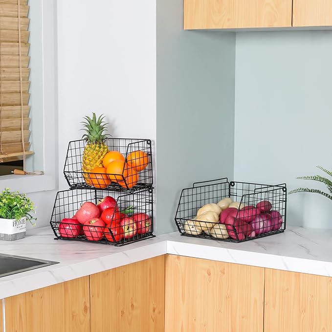 X-cosrack 3-Tier Stackable Wire Baskets for Pantry Organization and Storage, Kitchen Counter Basket for Potato Onion Storage, Fruit and Vegetable Storage Basket, Metal Baskets for Snack Produce Cans