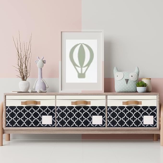 GhvyenntteS 6 Pack Fabric Storage Bins with Lids, Foldable Fabric Storage Boxes with Lids and 3 Handles, Sturdy Closet Organizers and Storage Bins with Label Window for Home (White&Lattice Black)