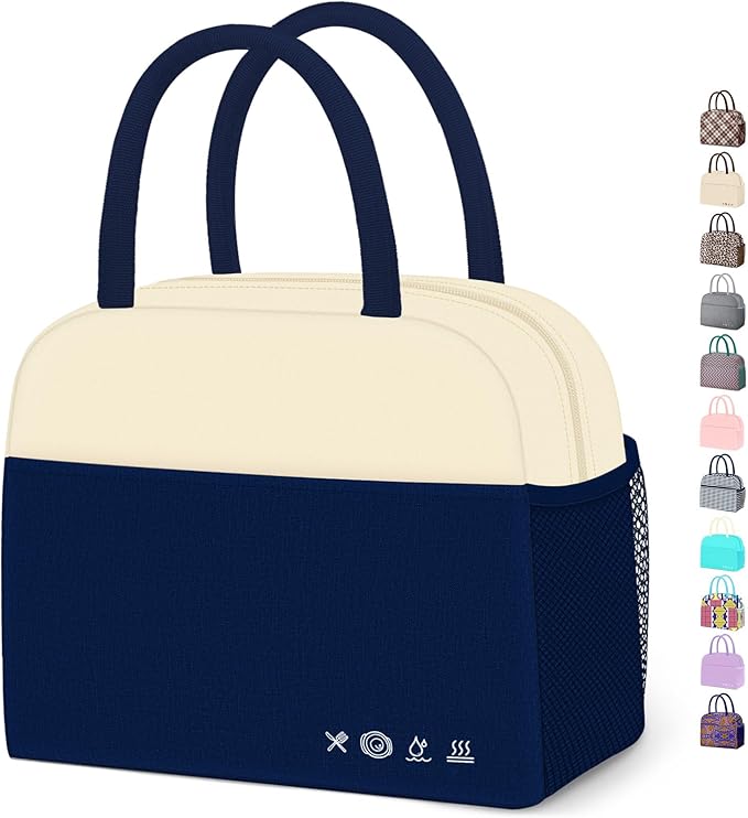 DALINDA Lunch Bag Women, Lunch Box for Women Men Reusable Insulated Lunch Tote Bag, Handbags Case High Capacity for Travel Work Picnic,white blue