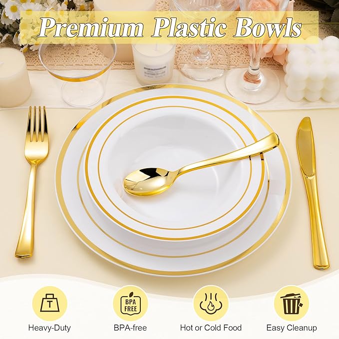 50 Pack Disposable Soup Bowls with Gold Rim, 12oz Premium Heavy Duty Plastic Dinner Bowls for Party, Wedding and Holiday