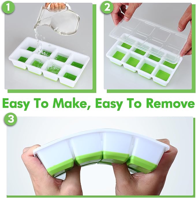 Large Ice Cube Trays with Lid, Jrisbo 2 Pack Stackable Silicone Ice Cube Molds for Freezer, Easy Release 16 Big Square Ice Trays for Whisky Cocktails