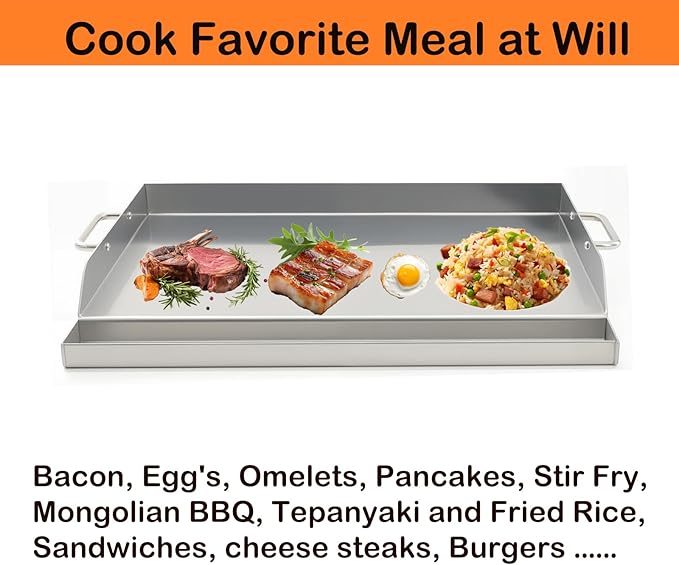 Universal Stainless Steel Griddle Flat Top Plate Grill-Top Griddle Pan with Even Heating Cross Bracing for BBQ Charcoal/Gas Grills, Camping, Tailgating, and Parties (17"*13")