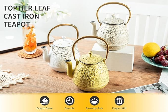 Tea Kettle, TOPTIER Japanese Cast Iron Teapot with Infuser for Loose Leaf and Tea Bags, Stovetop Safe Cast Iron Tea Kettle Coated with Enameled Interior for 40 oz (1200 ml), White