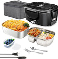 Electric Lunch Box for Adults, 80W Heated Lunch Box, 1.5L Stainless Steel Container | 12V/24V (Car/Truck) & 110V (Office/Home) | with Fork&Spoon and Insulated Carry Bag (Black-Dual Container)