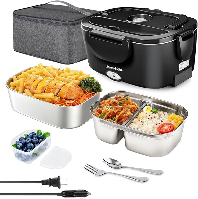 Electric Lunch Box for Adults, 80W Heated Lunch Box, 1.5L Stainless Steel Container | 12V/24V (Car/Truck) & 110V (Office/Home) | with Fork&Spoon and Insulated Carry Bag (Black-Dual Container)
