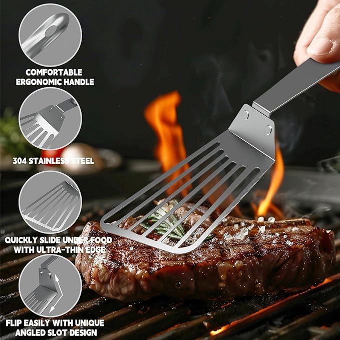 Fish Spatula Stainless Steel, Metal Fish Turner Spatula, Metal Spatulas for Kitchen Use, Thin-Edged Design Ideal for Cooking, Turning & Grilling (13 In, Silver)