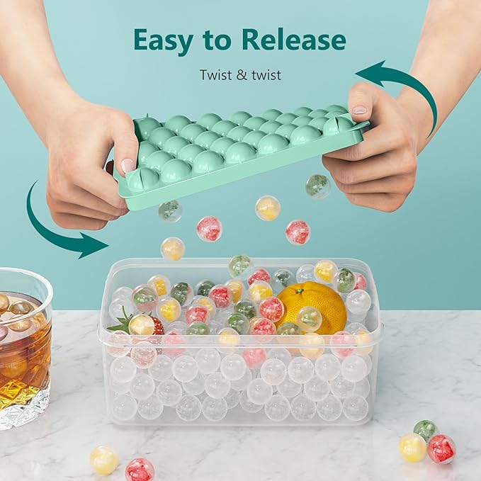3 Pack Ice Trays for Freezer, 99 PCS Ice Cube Tray with Lid and Bin, Round Ice Cube Mold, Circle Ice Maker for Chilling Drinks (0.8 inch, Green)
