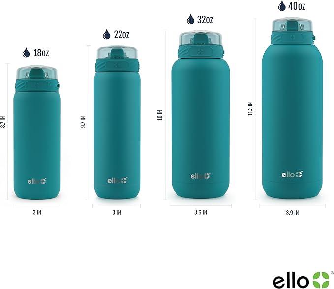 Ello Cooper 40oz Stainless Steel Water Bottle with Straw and Carry Handle, Double Walled and Vacuum Insulated Metal, Leak Proof Locking Lid with Soft Silicone Spout, Reusable, BPA Free, Antigua