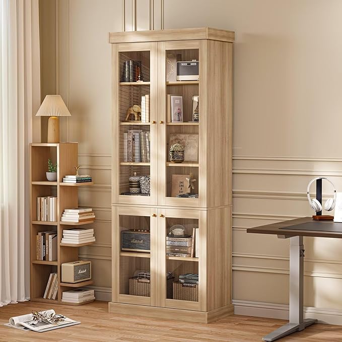 70.8" Tall Farmhouse Bookshelf with Glass Doors, Modular Bookcase with 6-Tier Adjustable Shelves, Large Storage Cabinet for Kitchen, Living Room, Brown, Set of 2
