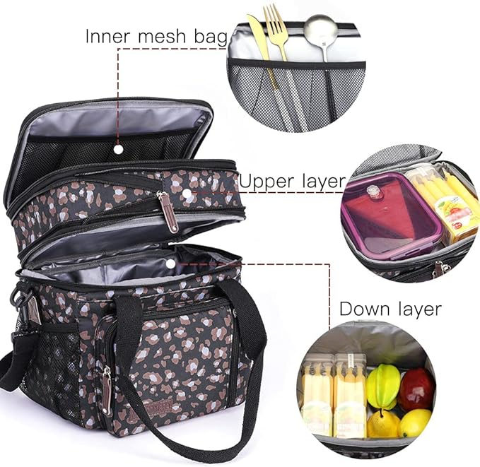 MOV COMPRA Leopard Lunch Bags for Women,Expandable Large Lunch Box,Leakproof Double Deck Lunch Box Cooler Tote Bag with Removable Shoulder Strap（Leopard Print）