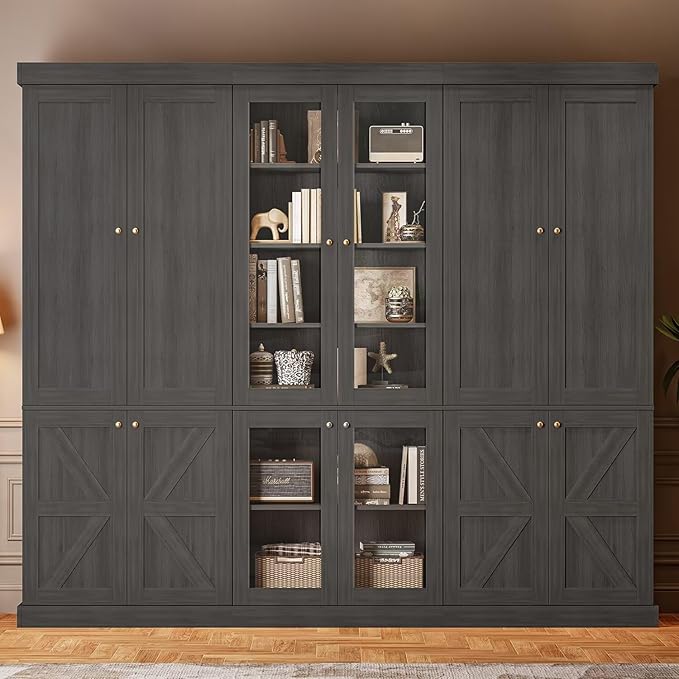 70.8" Tall Farmhouse Bookshelf, Modular Bookcase with Glass Doors, 6-Tier Adjustable Shelves, Large Storage Cabinet for Kitchen, Living Room, Black, Set of 3