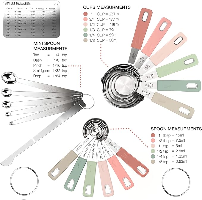 22-Piece Stainless Steel Measuring Cups and Spoons Set, Tad Dash Pinch Smidgen Drop Mini Measuring Spoons, Measuring Stick Leveler, Measurement Conversion Chart Fridge Magnet, (Country Chic)