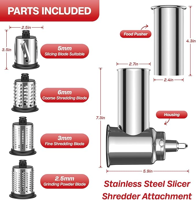 Stainless Steel Slicer Shredder Attachment for KitchenAid Stand Mixer, For Kitchenaid Cheese Grater Attachment, Salad Maker, Grinding Powder, Cheese Kitchenaid Attachment with 4 Blades