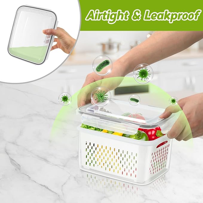 3 Pack Fridge Berry Storage Container with Lids with Strainer, Plastic Fresh Produce Saver Keeper for Vegetable Fruit Meat Lettuce, BPA Free Kitchen Refrigerator Organization (3.15L+1.7L+0.8L)