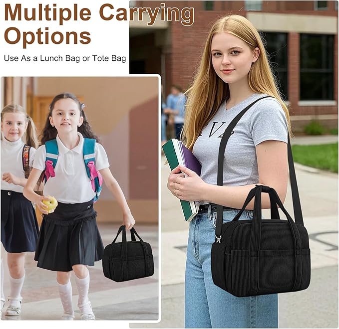 Corduroy Lunch Box Lunch Bag for Women Men, Cute Strawberry Small Insulated Reusable Work Leakproof Simple Lunch Boxes Tote Bag Adults Cooler Bag