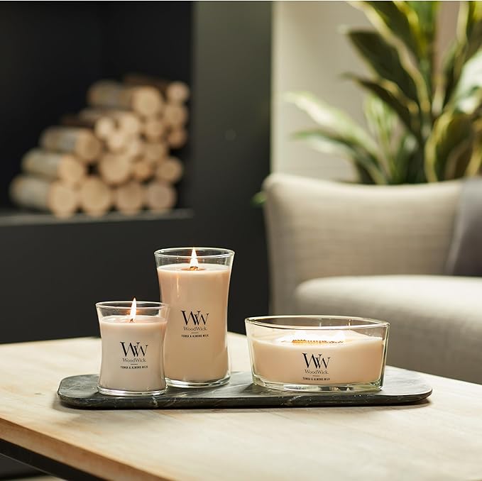 WoodWick Tonka & Almond Milk Gifts for Women and Men, 16 oz Ellipse Candle with Crackling Wick