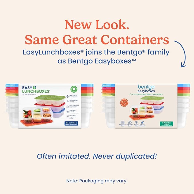 Bentgo Easyboxes - Reusable 5-Compartment Food Containers, Stackable 8-Piece Set, 4 Trays & 4 Lids, BPA-Free Food Storage for Meal Prep, School, & Work; Lunch Boxes with Patented Design (Classic)