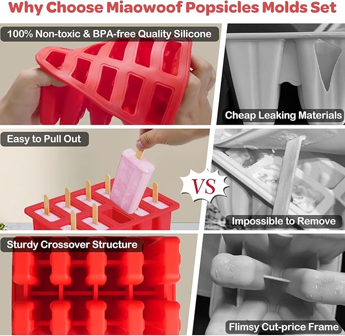 Miaowoof Homemade Popsicle Molds, 10-Cav Non-BPA Silicone Ice Pop Maker, with 50 Sticks, 50 Bags, 10 Reusable Sticks, Funnel, Brush and Ice Pop Recipe (Red)