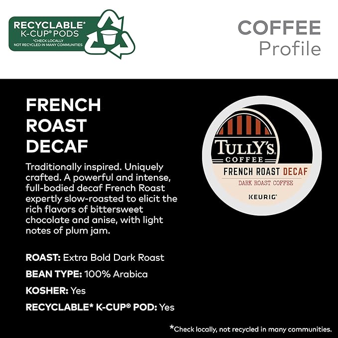 Tully's Coffee French Roast Decaf, Keurig Single-Serve K-Cup Pods, Dark Roast, 96 Count