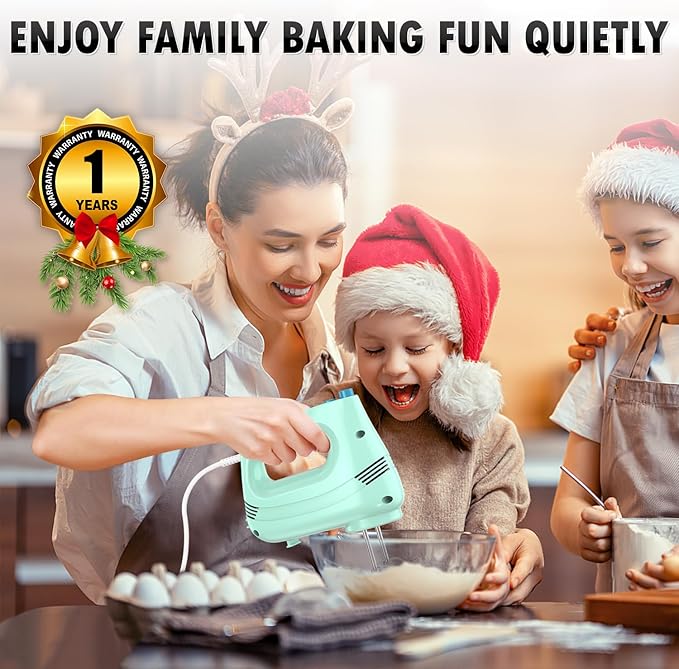Electric Hand Mixer with Stainless Steel Whisk, Dough Hook Attachment and Storage Bag, Handheld Mixer for Baking Cakes, Eggs, Cream Food Mixers. Turbo Boost /5 Speed Kitchen Blender GREEN