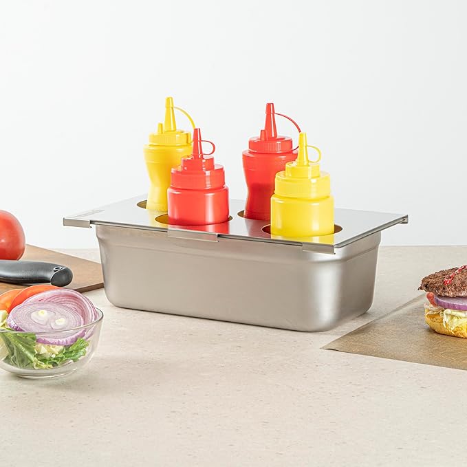 Restaurantware Squeeze Bottle Template Pack of 1 Stainless Steel 4 Hole Holder Top, 3.25" Diameter Fits 1/3 Size Food Pans, Dishwasher Friendly Integrated Lip Design Holder Top for Condiment Bottles