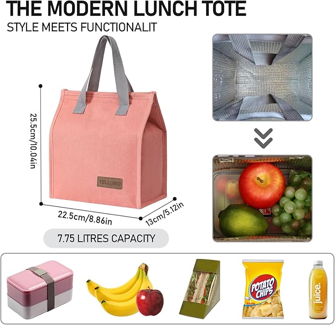 TELLUMO Lunch bag, Insulated Lunch Bag for Women Men Large Lunch Box Container Reusable Leakproof Tote for Office, Work, School, Beach or Travel (Pink)