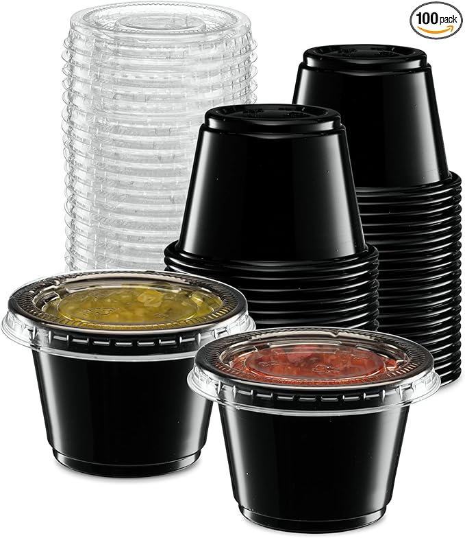 {2.5 oz - 100 Sets} Black Diposable Plastic Portion Cups With Lids, Small Mini Containers For Portion Controll, Jello Shots, Meal Prep, Sauce Cups, Slime, Condiments, Medicine, Dressings, Crafts,