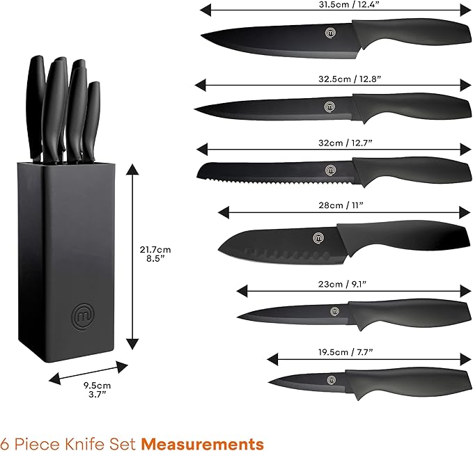 MasterChef Knife Set with Block, 6 Kitchen Knives and a Universal Knife Holder, Extra Sharp Stainless Steel Blades for Precise Cutting with Non Stick Coating & Soft Touch Easy Grip Handles, Black