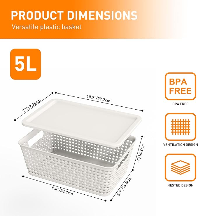 Plastic Storage Baskets With Lid, Storage Bins for Organizing, Stackable Decorative Containers for Shelves Drawers Desktop Closet Playroom Classroom Office, 10 Pack-White