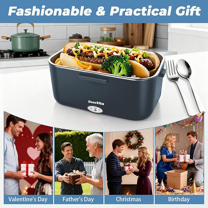 Electric Lunch Box for Adults, 80W Heated Lunch Box, 1.5L Stainless Steel Container | 12V/24V (Car/Truck) & 110V (Office/Home) | with Fork&Spoon and Insulated Carry Bag