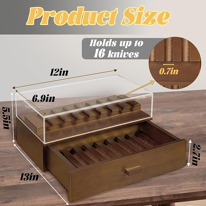Knife Display Case,2 Tier Wooden Pocket Knife Collection Case with Acrylic Lid, Pocket Knife Storage Drawer Organizer, Walnut