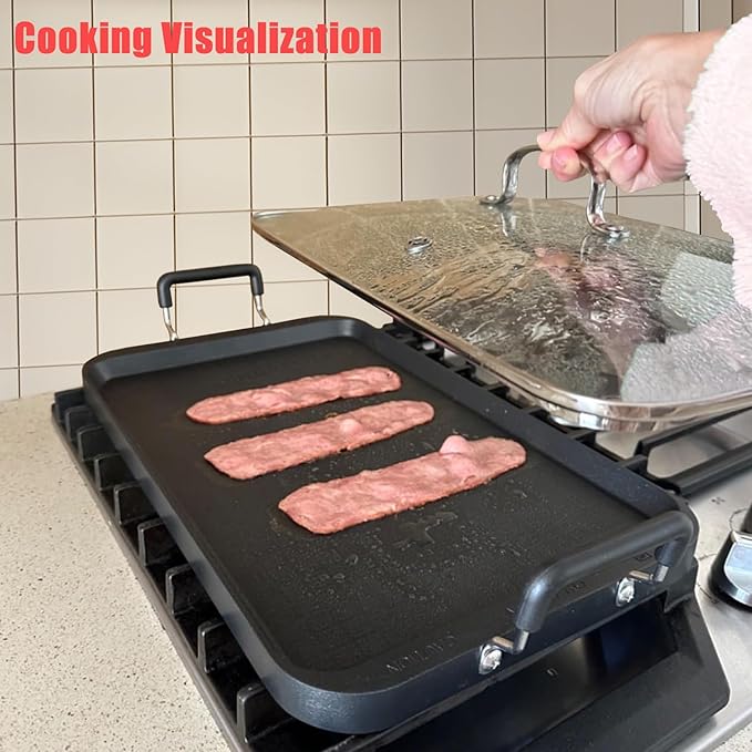 Vayepro 2-Burner Griddle Pan with Glass Lid - Nonstick Stovetop Griddle for Gas, Glass Stove Top - Aluminum Camping Grill Pan for Pancakes, Eggs, Breakfast
