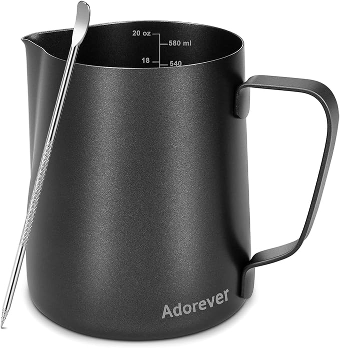 Milk Frothing Pitcher 600ml/20oz Steaming Pitchers Stainless Steel Milk Coffee Cappuccino Latte Art Barista Steam Pitchers Milk Jug Cup with Decorating Art Pen, Matte Black