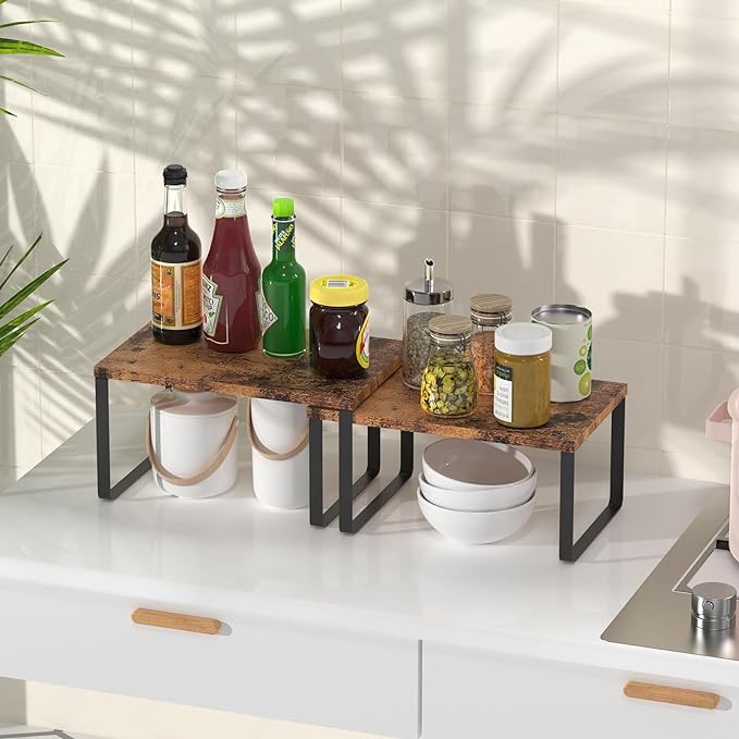 Set of 4 Counter Shelves Kitchen Stackable Cabinet Shelf Wood Organizer Expandable Counter Top Racks Brown Bathroom Counter organizer