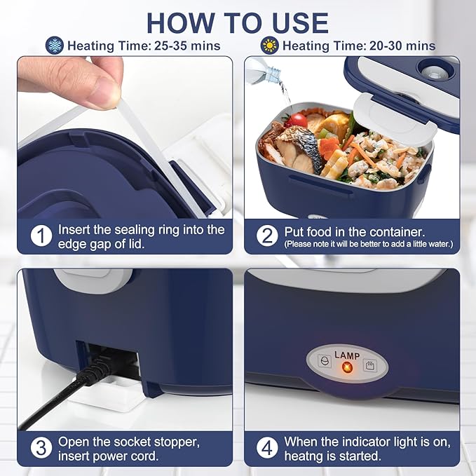 Electric Lunch Box Food Heater, 3 in 1 Ultra Quick Heated Lunch Boxes for Adults, 12V/24V/110V Portable Food Warmer for Car/Truck/Office With Fork Spoon and Insulated Carry Bag