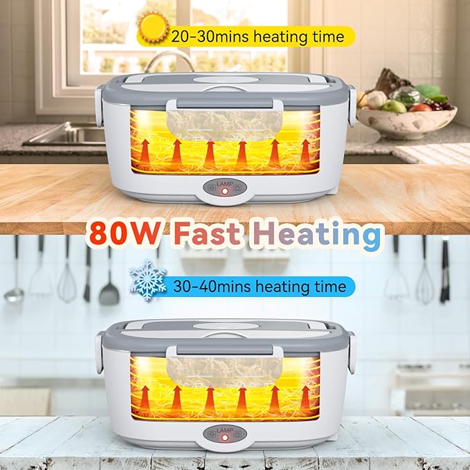 Heated Lunch Box for Men&Women - 80W Electric Lunch Box for Adults with Dual 1.5L 304 Stainless Steel Containers Fast Heating Portable Food Warmer for Car&Truck lonchera eléctrica portátil
