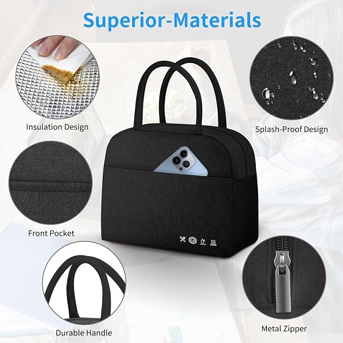 DALINDA Lunch Bag Lunch Box for Women Men Reusable Insulated Lunch Bags,Water-Resistant Cute Cooler Lunch Tote Bag, Large Capacity for Work Travel Picnic,Black
