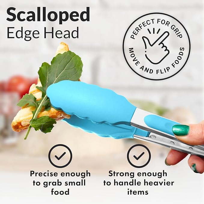 Zulay Stainless Steel Kitchen Tongs with Silicone Tips - Set of 2 (9” & 12”) Locking Cooking Tongs with Non-Slip Grip - Heat Resistant, BBQ Food Tongs for Non-Stick Cooking Pans (Silver/Light Blue)