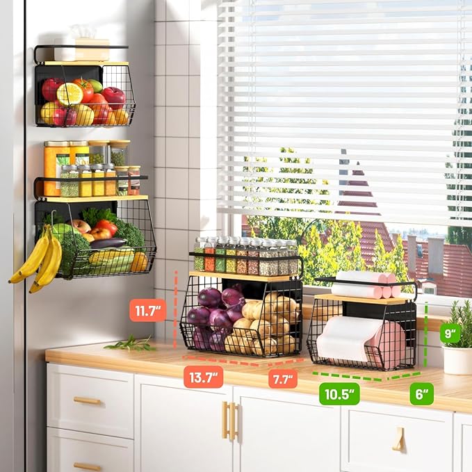 Magnetic Shelf for Fridge with Wood Lid, Fruit Potato and Onion Storage Bins, Pantry Organizers & Storage, Large Container Magnetic Spice Rack for Refrigerator, Kitchen Counter (Black, 1)