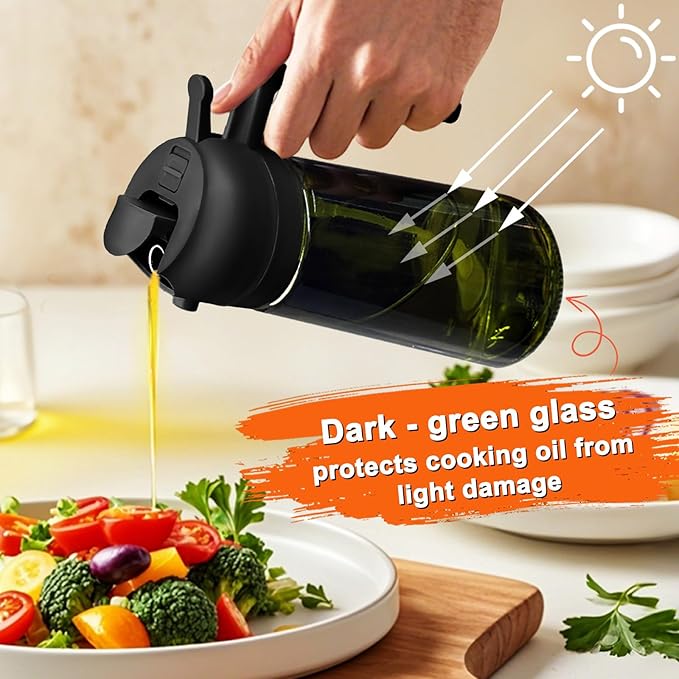 Oil Sprayer for Cooking, 2 in 1 Olive Oil Dispenser Bottle for Kitchen, 16oz/470ml Premium Glass, Food-grade Oil Mister for Air Fryer, Salad, Frying, BBQ (Black + Dark Green Bottle)