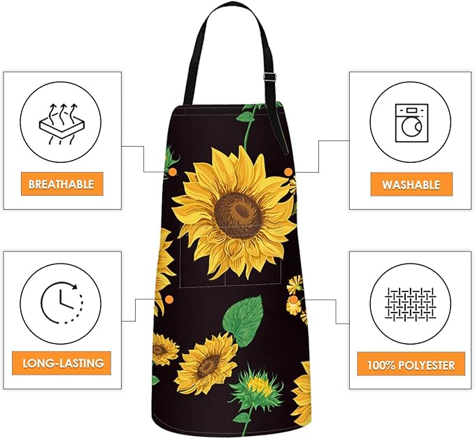 Britimes Apron Home Kitchen Cooking Baking Gardening for Women Men with Pockets Sunflowers Floral Flowers Leaf Vintage 32x28 inch