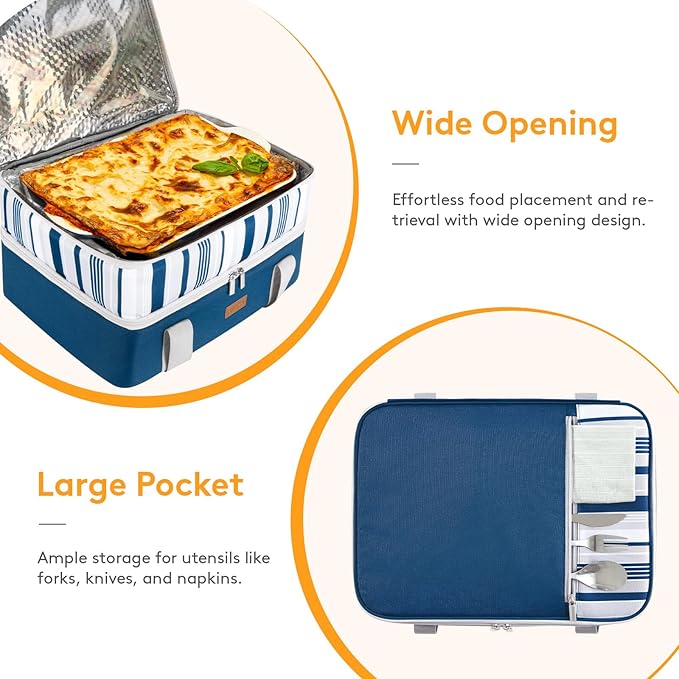 LUNCIA Double Decker Insulated Casserole Carrier for Hot or Cold Food, Lasagna Holder Tote for Potluck Parties/Picnic/Cookouts, Fits 9"x13" Baking Dish, Blue