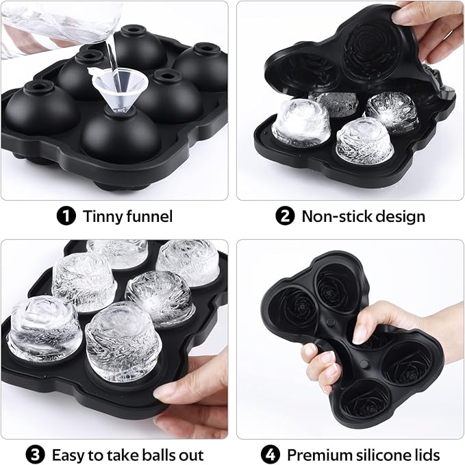 Ice Cube Tray, Mikiwon 2 inch Rose Ice Cube Trays With Covers, 6 Cavity Silicone Rose Ice Ball Maker, Easy Release Large Ice Cube Form for Chilled Cocktails, Whiskey, Bourbon & Homemade Juice Black