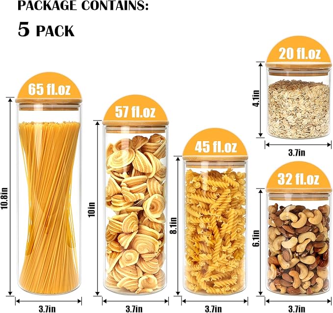 Airtight Glass Jars with Bamboo Lids, Glass Food Storage Containers Set - Set of 5 Kitchen Canisters for Sugar, Candy, Cookie, Rice and Spice Jars