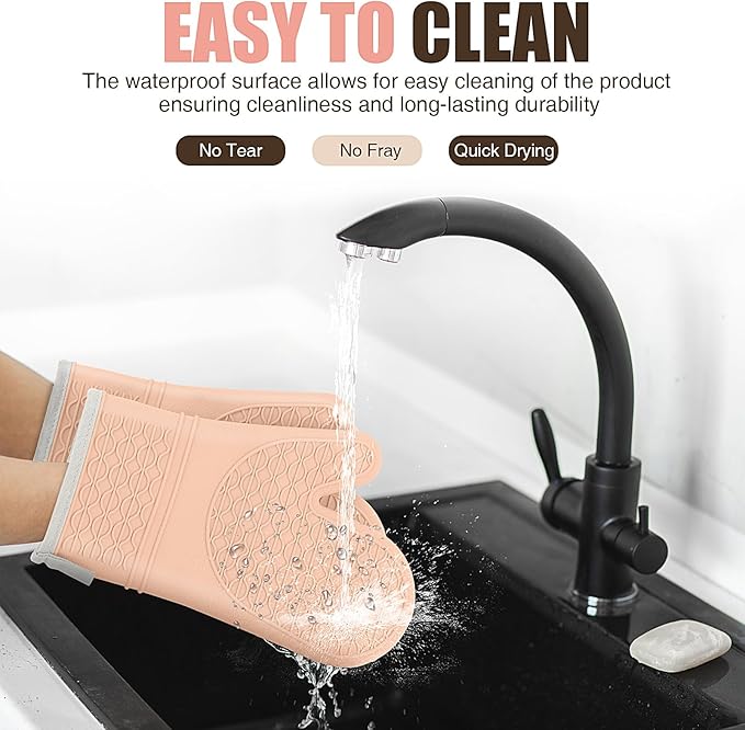 Silicone Oven Mitts, Heat Resistant 2PCS Oven Mitts with Soft Cotton Lining, Waterproof Non-Slip Grip Oven Glove, Kitchen Potholder Mits for BBQ, Baking, Cooking, 12.5 Inch - Pink