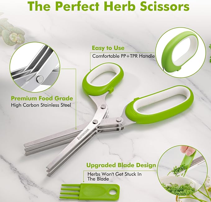 Updated Herb Scissors Set Doesn't Get Stuck Easily Herb, Herb Scissors With 3 Blades Cleaning Comb for Cutting Garden Herbs, Cilantro, Green Onion, etc. Sharp and Anti-rust Stainless Steel-2 PACK