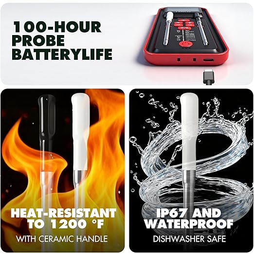 AI Meat Thermometer Wireless, 500ft Long Range Smart Digital Bluetooth BBQ Thermometer for Grilling, Smoker, Oven, Kitchen Cooking (Dual Probe)